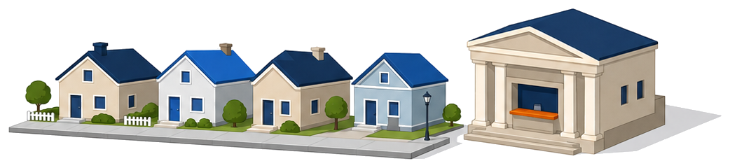住宅街の一角に建つ小さな劇場のイラスト