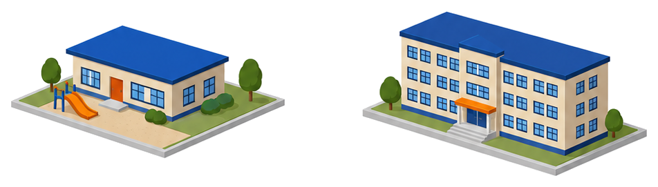 幼稚園建物と多層の校舎建物が並ぶイラスト