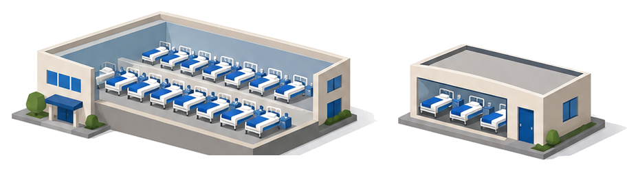 ベッドが二十台以上並ぶ病棟の建物のイラスト