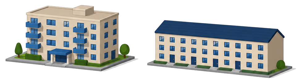 マンションの共同住宅と寮のような寄宿舎の建物が並ぶイラスト