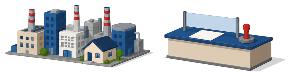 工場に囲まれてぽつんと建つ古い住宅と役所窓口のイラスト