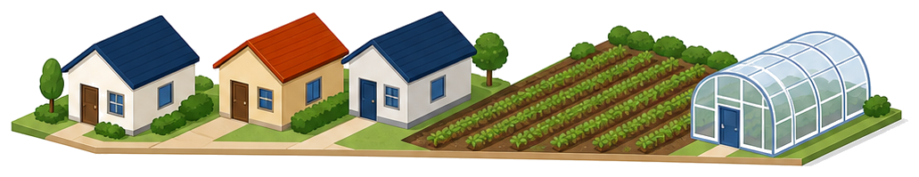 田園住居地域の住宅と農地が並ぶ街並みのイラスト