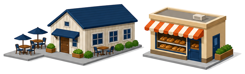 農家レストランとパン屋の建物を並べたイラスト
