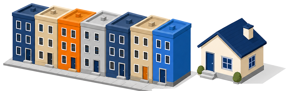密集した街並みで隣どうしの建物の壁がぴったり接しているイラスト