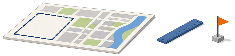 都市計画図を広げてメジャーと旗印で敷地の広さを測っているイラスト