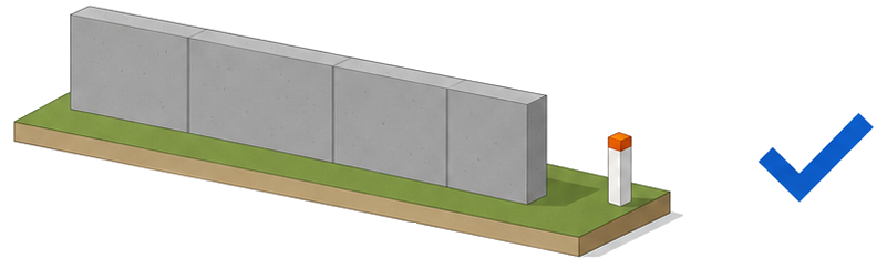 境界杭に接する厚いコンクリート壁の建物に許可マークが付いたイラスト