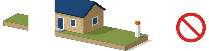 境界杭のそばに建つ普通の木造住宅に禁止マークが付いたイラスト
