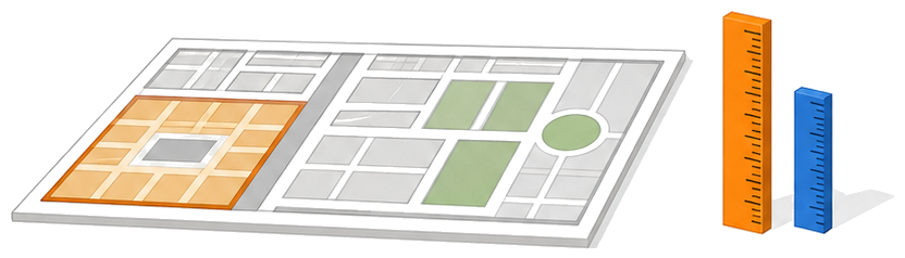 都市計画図の低層住居専用地域の区画と長さの違う２本の定規のイラスト