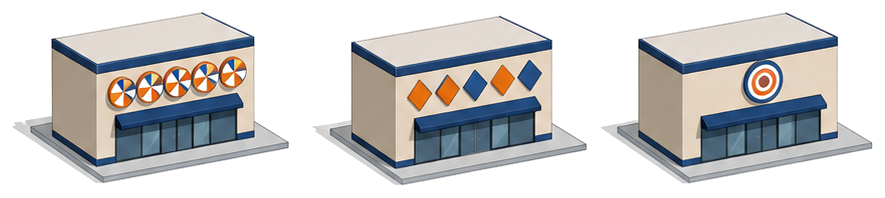 パチンコ店とマージャン店と射的場のような看板を持つ建物が並ぶイラスト