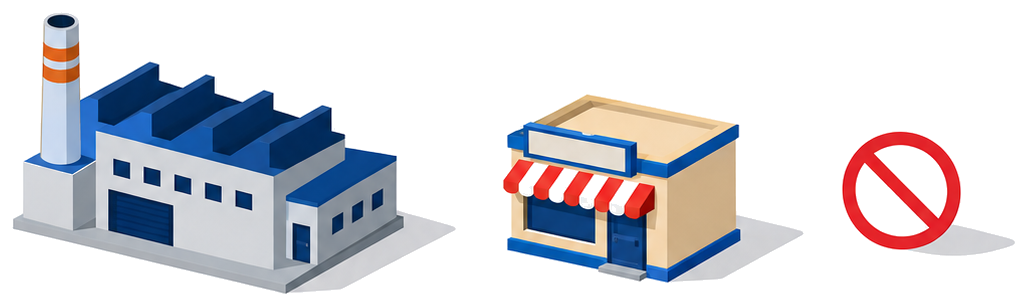 工場の隣にある小さな店舗の建物に禁止マークが付いたイラスト
