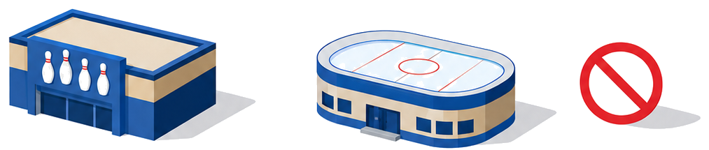 ボウリング場とスケート場の建物が並び禁止マークが付いたイラスト