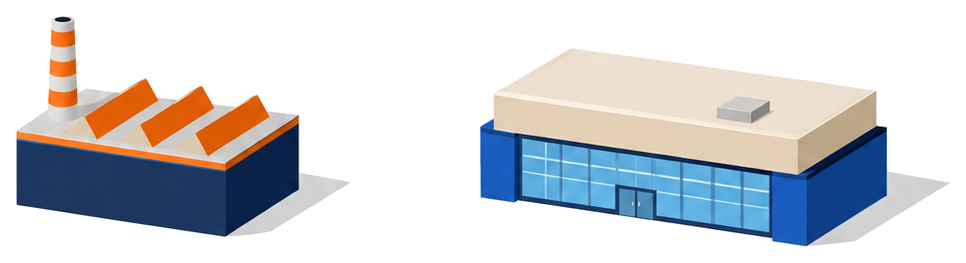 工場の建物と大きな店舗ビルの建物が並ぶイラスト
