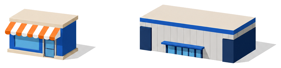 店舗の建物と展示場の建物が並ぶイラスト