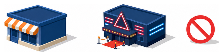 ストライプ日よけの店舗とネオン看板のあるキャバレー風の建物が並び禁止マークが付いたイラスト
