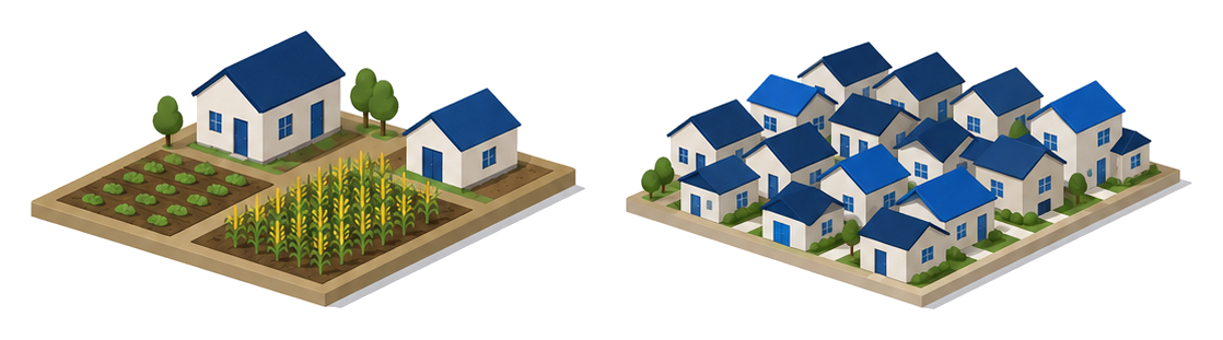 農地に囲まれた住宅の列と密集した郊外の住宅街を対比したイラスト