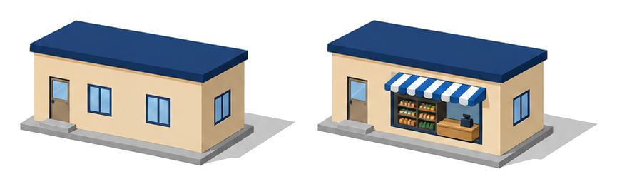 普通の住宅と店舗を兼ねた住宅を対比したイラスト