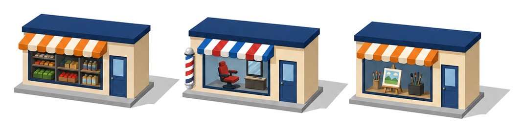 日用品店と理容室とアトリエの店先が並ぶイラスト