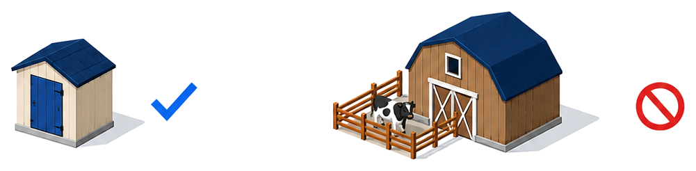 小さな物置小屋と畜舎を対比したイラスト