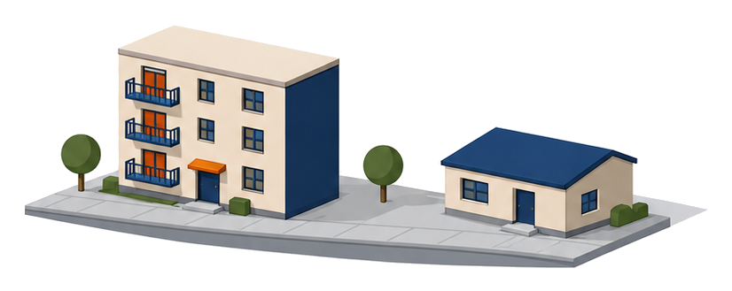 共同住宅と住宅が並んで建つイラスト