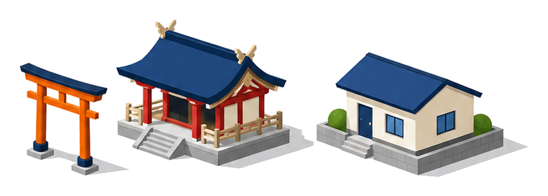 住宅地に建つ神社の鳥居と隣家のイラスト