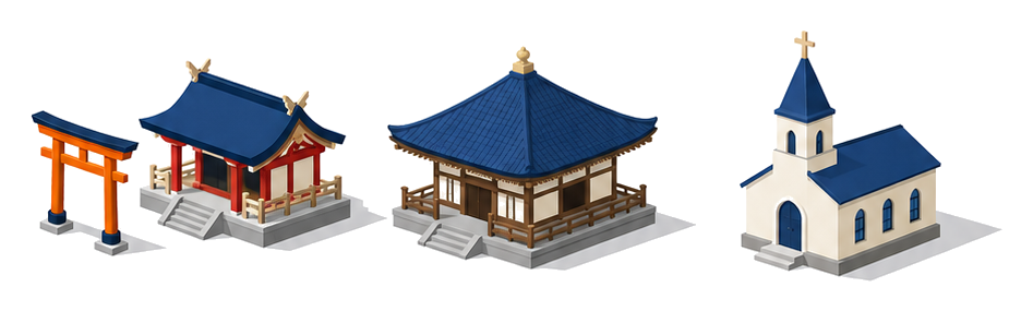 鳥居のある神社と仏塔のあるお寺と十字架のある教会が並ぶイラスト