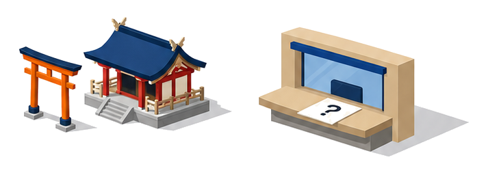 神社の鳥居と役所の相談窓口のイラスト