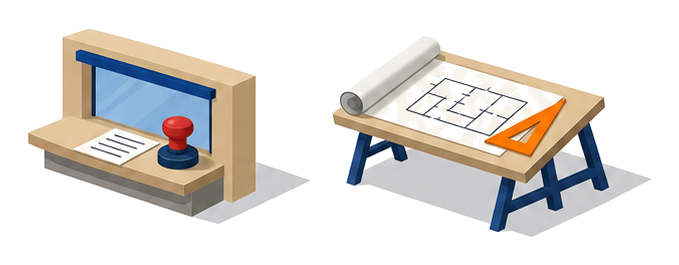 役所窓口と製図机のイラスト