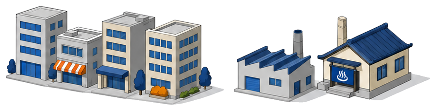 オフィスビル群と工場の隣に建つ公衆浴場の建物のイラスト