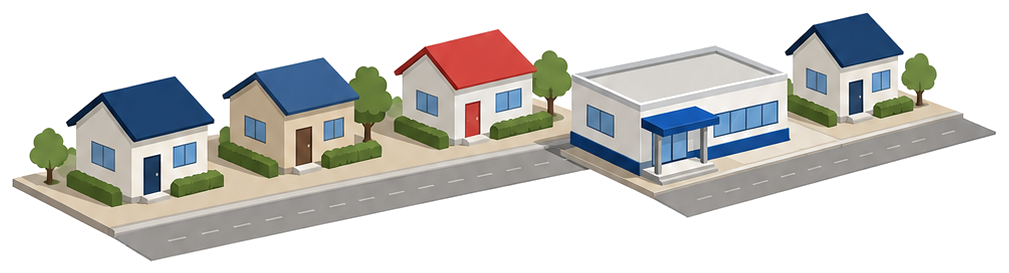 住宅が並ぶ通りに小さな診療所の建物が立つイラスト
