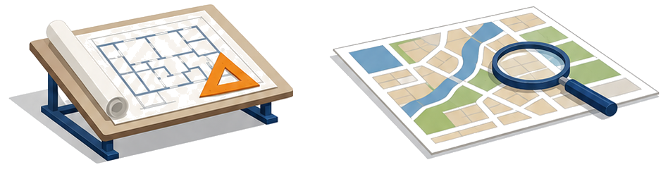 製図机の図面と用途地域図を照合するイラスト