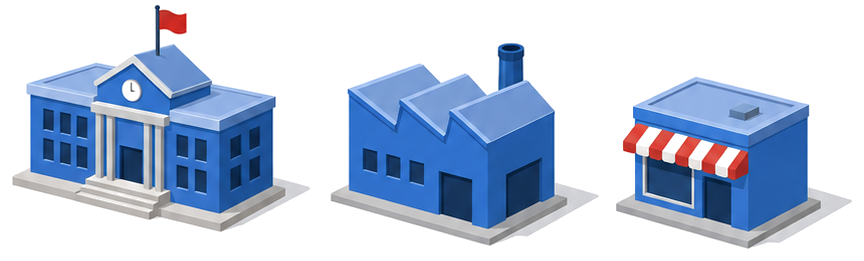 学校風の建物と小さな工場と店舗が並んだイラスト
