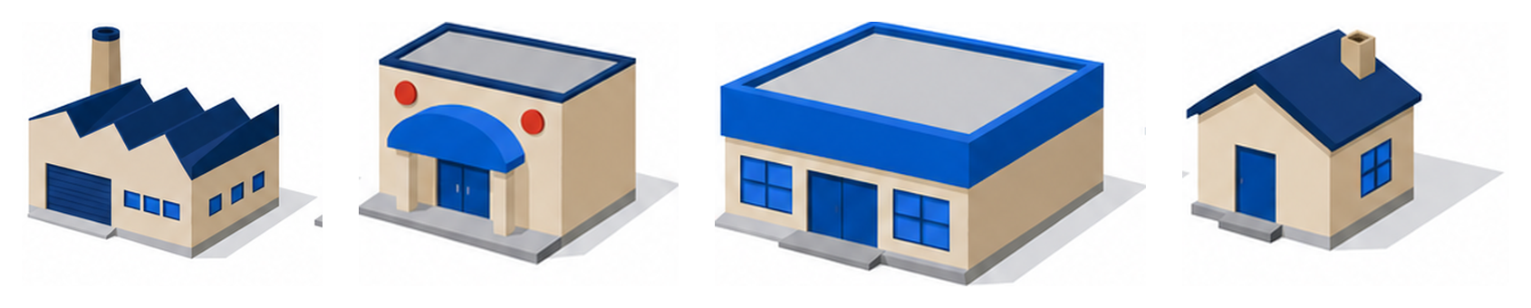 工場と娯楽施設風の建物と大型店舗と一戸建てが並んだイラスト