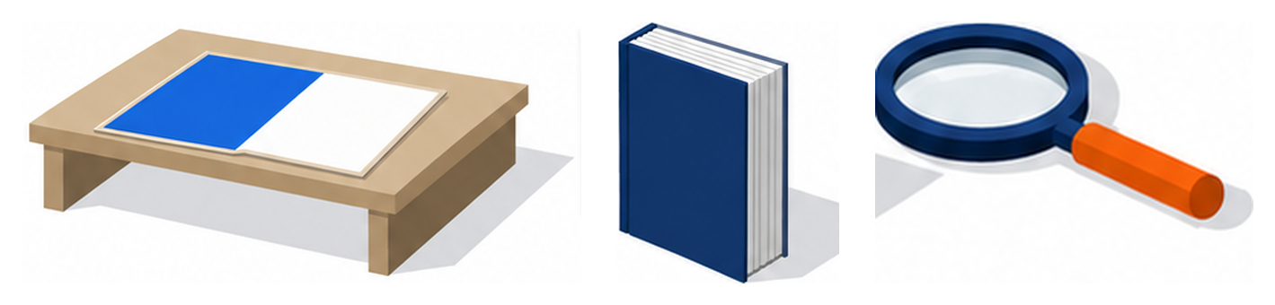 地図と分厚い冊子と虫眼鏡が机に置かれたイラスト