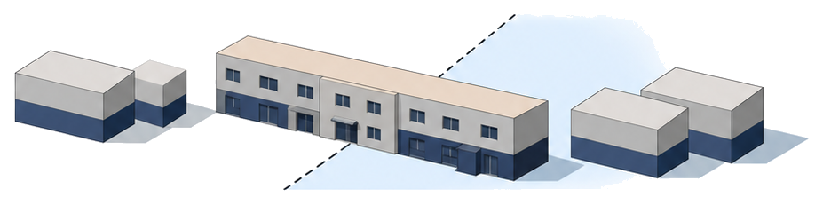 区域境界線をまたいで建つ一棟の建物と隣接する街区のイラスト