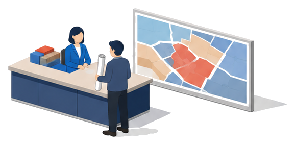 都市計画課の窓口で担当者と住民が地図を確認しているイラスト