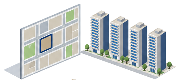 都市計画板が指定区域を示し隣に手すりのある高層住宅が並ぶイラスト