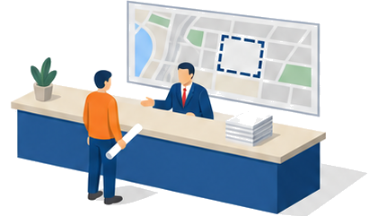窓口の担当者と住民が壁の地図と書類を見ながら相談しているイラスト