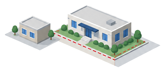 敷地境界線から控えた壁面線に沿って建つ低層の建物と余白の庭のイラスト