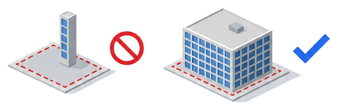 敷地に対して小さすぎる建物に禁止マークが付き隣の大きな建物に青チェックが付くイラスト