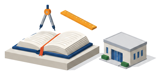 開いた法令の書物の上に定規とコンパスが浮かび隣に小さな建物のブロックが並ぶイラスト