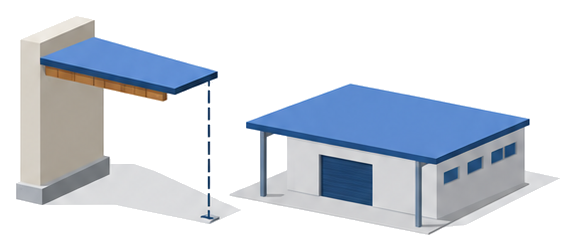 壁から張り出した広い軒を持つ建物と隣に並ぶさらに軒の大きな倉庫のイラスト