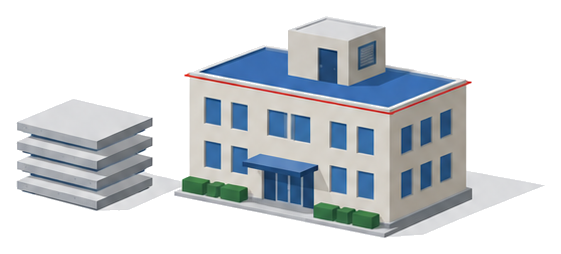 屋根の高さを示す線の上に小さな機械室が乗る建物と隣に積み重なる床版のイラスト