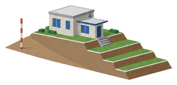 段々になった傾斜地に建つ建物と地面の高低差ごとに引かれた横線と測量棒のイラスト