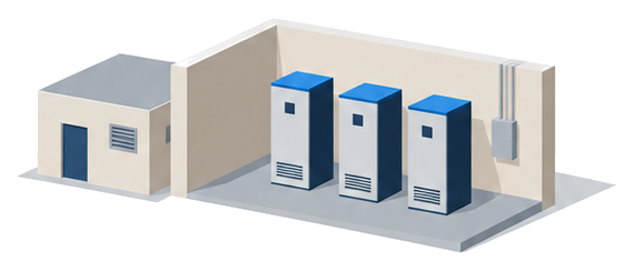 床に据え付けられた大きな蓄電池が並ぶ機械室と隣に建つ建物のイラスト