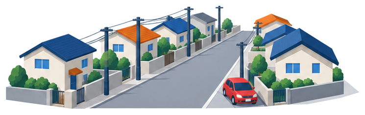 住宅が両側に迫る狭い道路と電柱の並ぶ街並みのイラスト