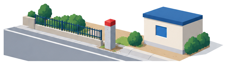道路の縁に立つ境界標と奥に後退して設けられた塀のイラスト