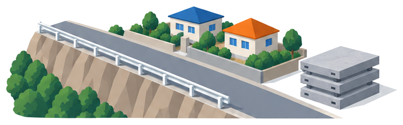 ガードレールの付いた崖沿いの道路と反対側に下がって並ぶ住宅のイラスト