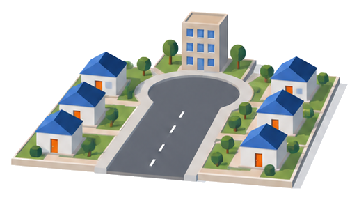 行き止まりの道路の先に建つ高い建物のイラスト