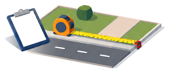 敷地と道路の境界に広げたメジャーとクリップボードのイラスト