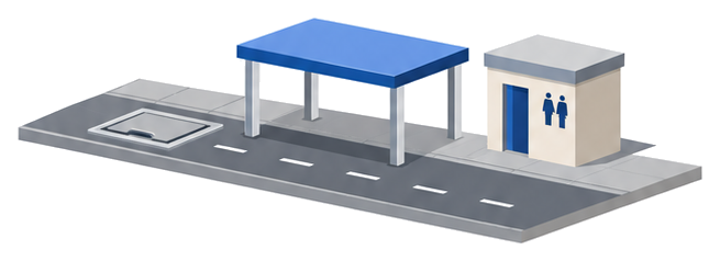 地下の構造物と公共用歩廊、公衆便所が道路のそばに並ぶ様子を示すイラスト
